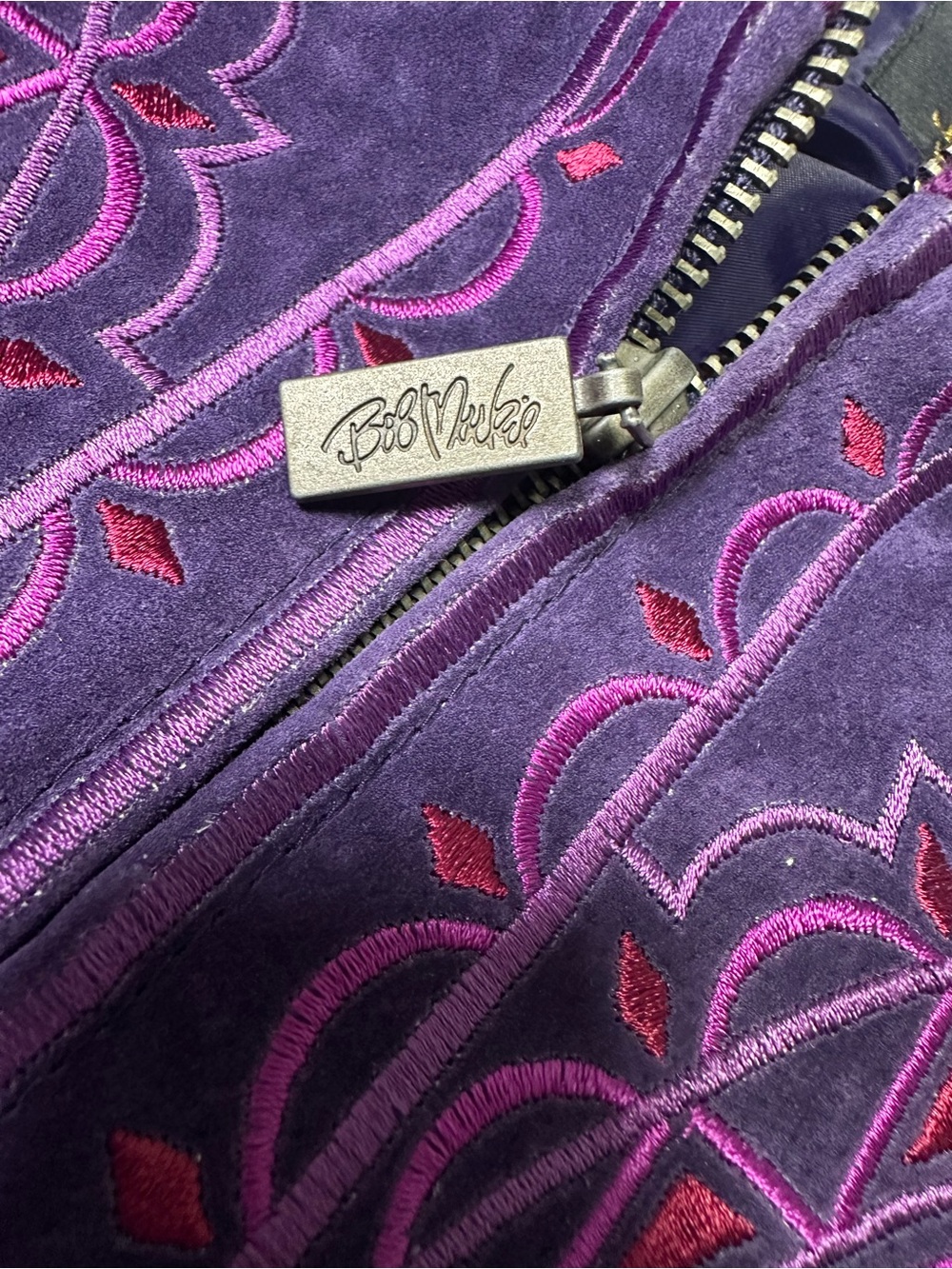 Bob Mackie Wearable Art Purple Suede & Knit Zip Jacket with Pink Embroidery - Picture 5 of 8